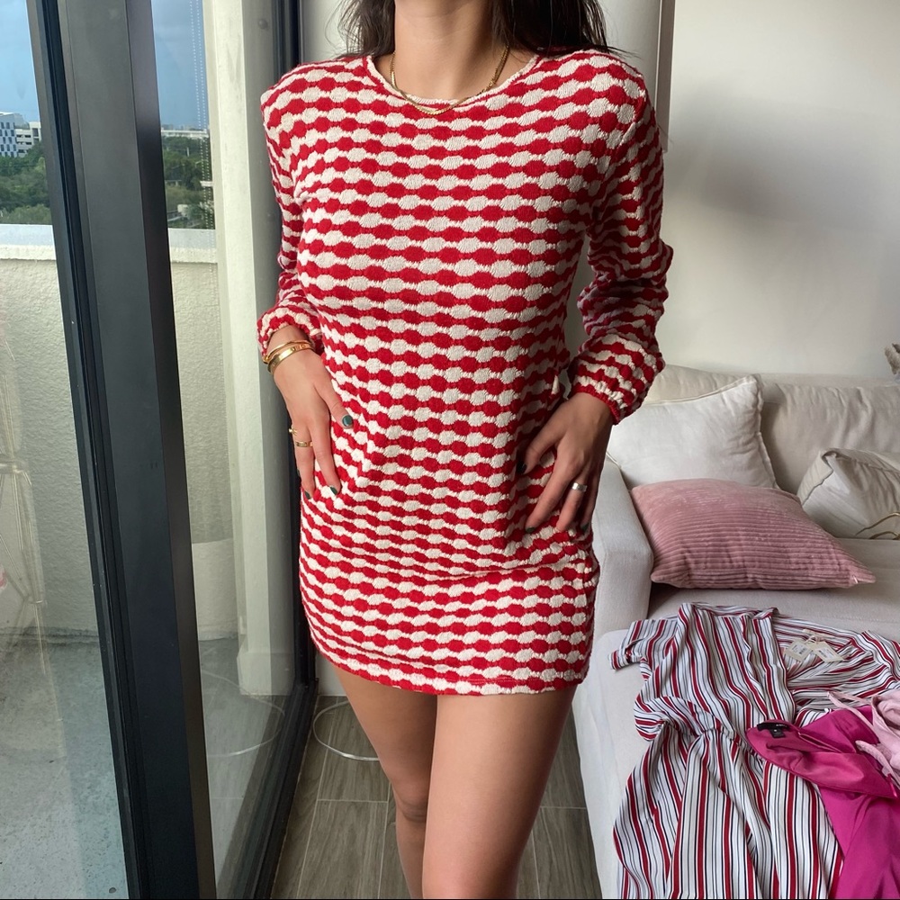 Zara Knitted Red & Cream Patterned Dre
